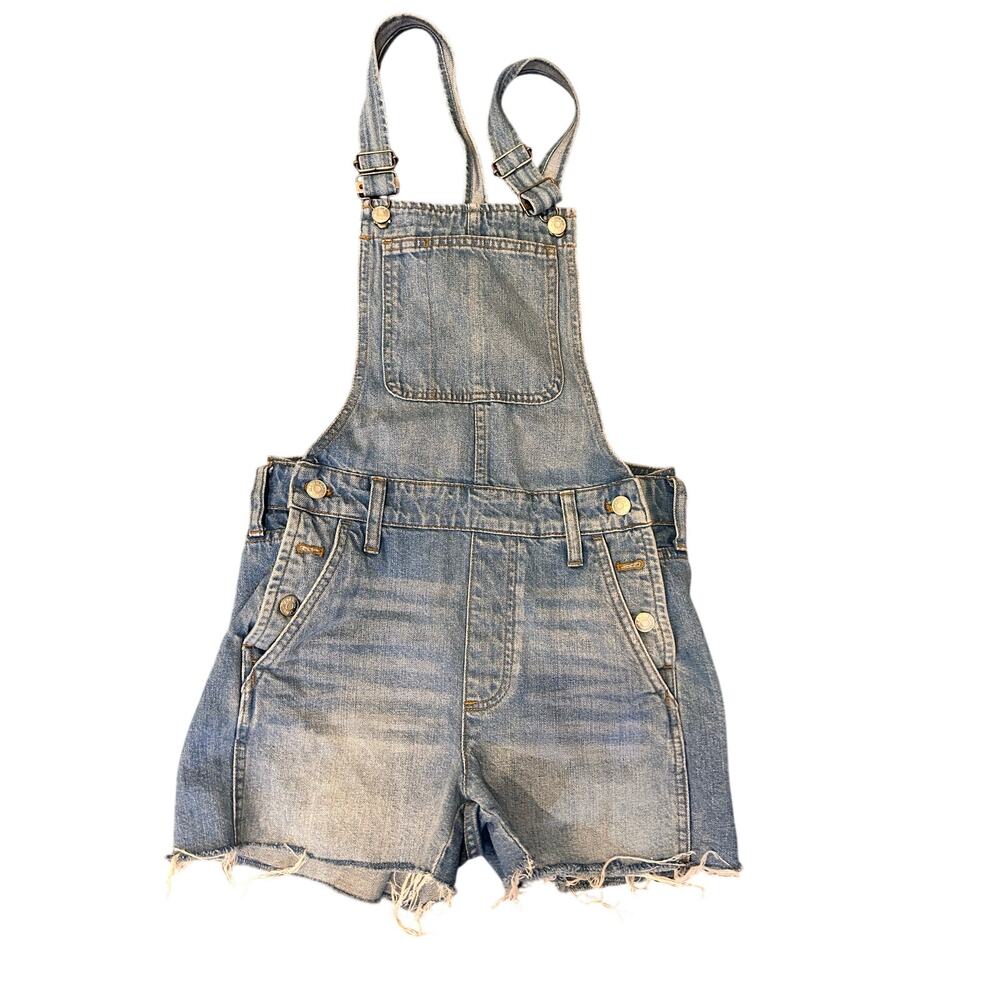 Madewell Denim Short Overalls Shortalls Light Wash Raw Hem Adjustable Straps